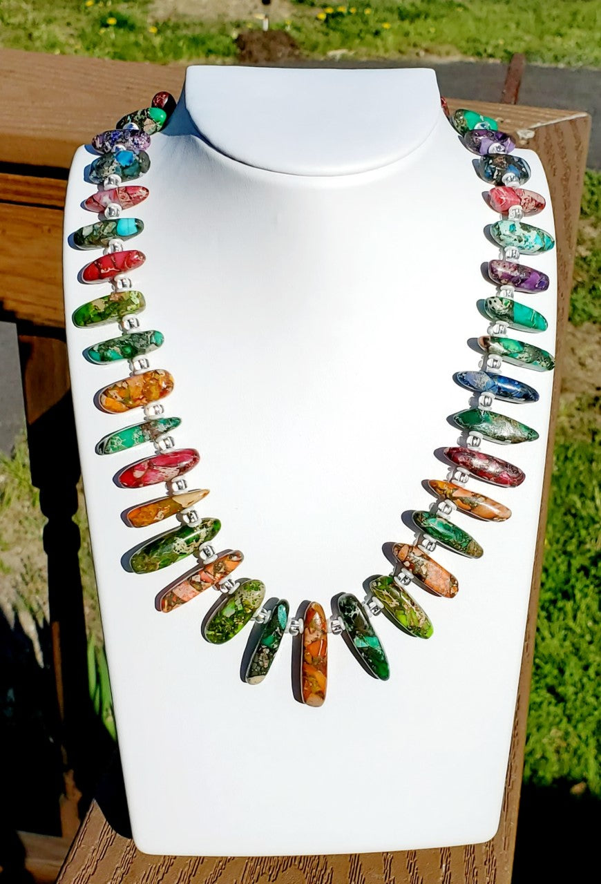 Rainbow Impression Jasper Graduated Stick Necklace with Sterling Silver Clasp