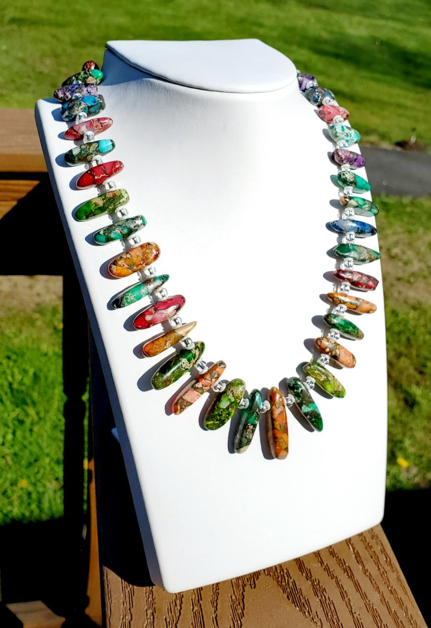 Rainbow Impression Jasper Graduated Stick Necklace with Sterling Silver Clasp