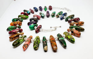 Rainbow Impression Jasper Graduated Stick Necklace with Sterling Silver Clasp